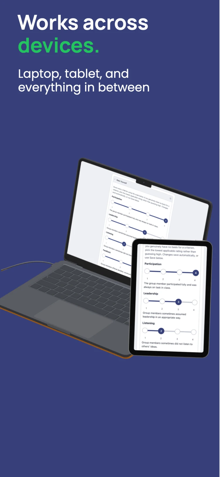 Marka scoring screen shown side by side on a laptop and a tablet